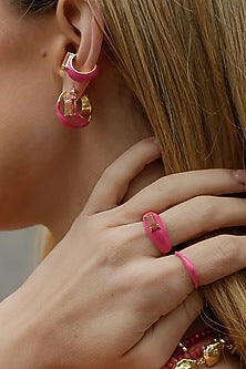 Gold Finish Pink Enameled Sunstone Ear Cuff In Sterling Silver