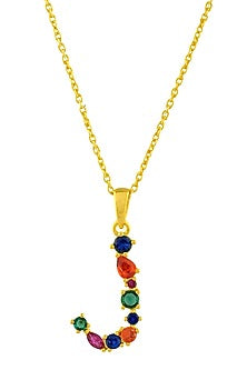 Gold Finish Multi-Colored Cubic Zirconia J Initial Necklace
