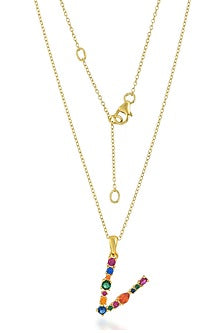Gold Finish Multi-Colored Cubic Zirconia V Initial Necklace