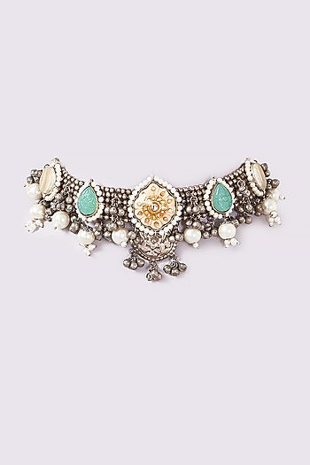 Oxidised Finish Agate & Pearl Choker Necklace