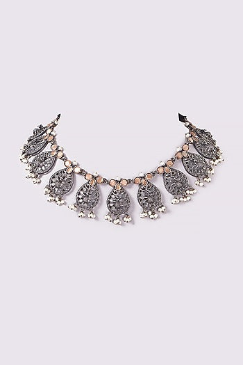 Oxidised Finish Natural Stone & Pearl Choker Necklace