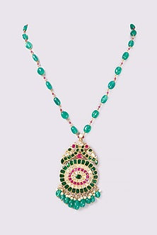 Gold Finish Green Stone & Pearl Long Necklace
