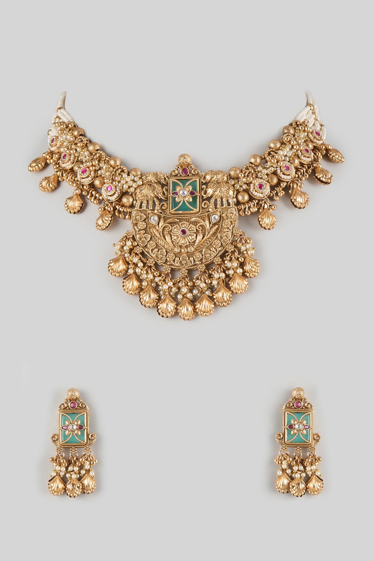 Gold Finish Whited Beaded & Ruby Stone Pendant Necklace Set