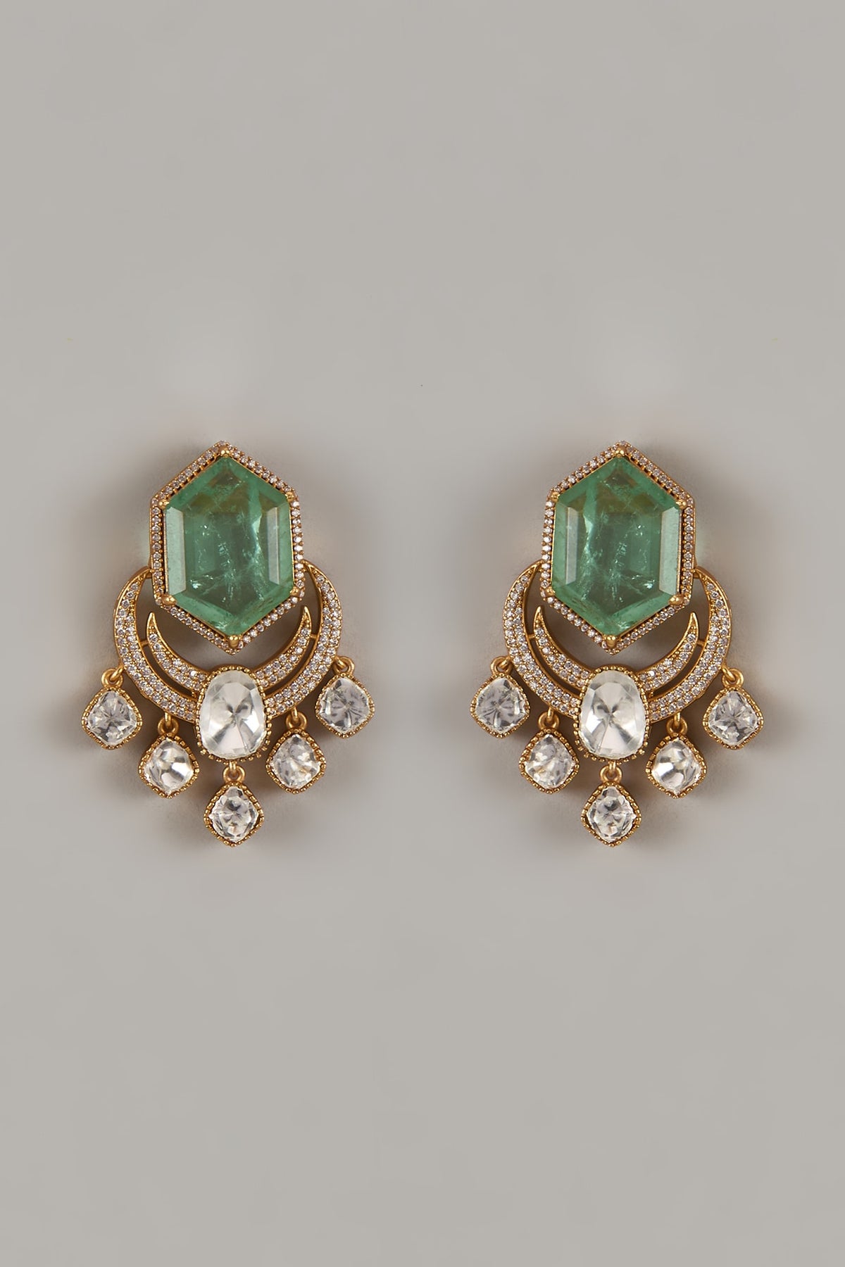 Gold Finish Uncut Zircon & Synthetic Emerald Dangler Earrings
