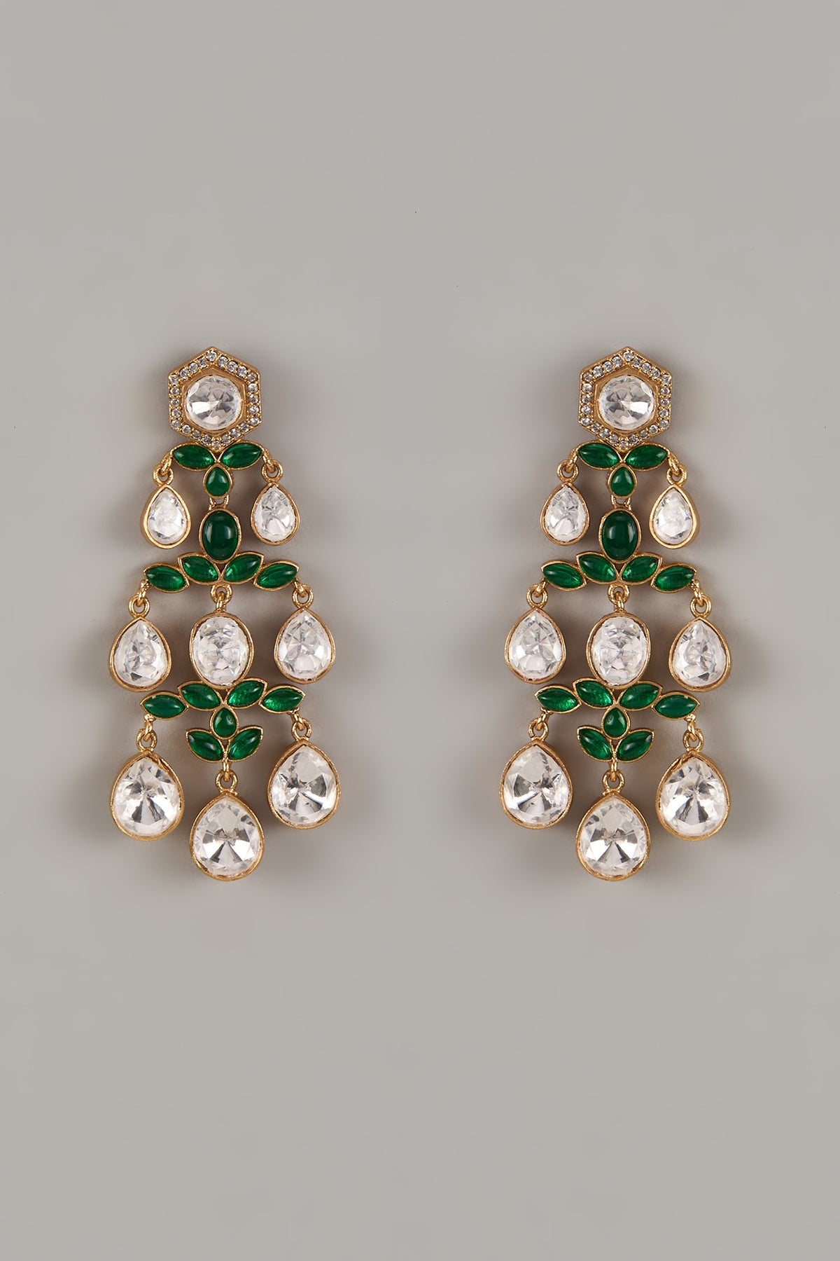 Gold Finish Uncut Zircon & Synthetic Emerald Dangler Earrings