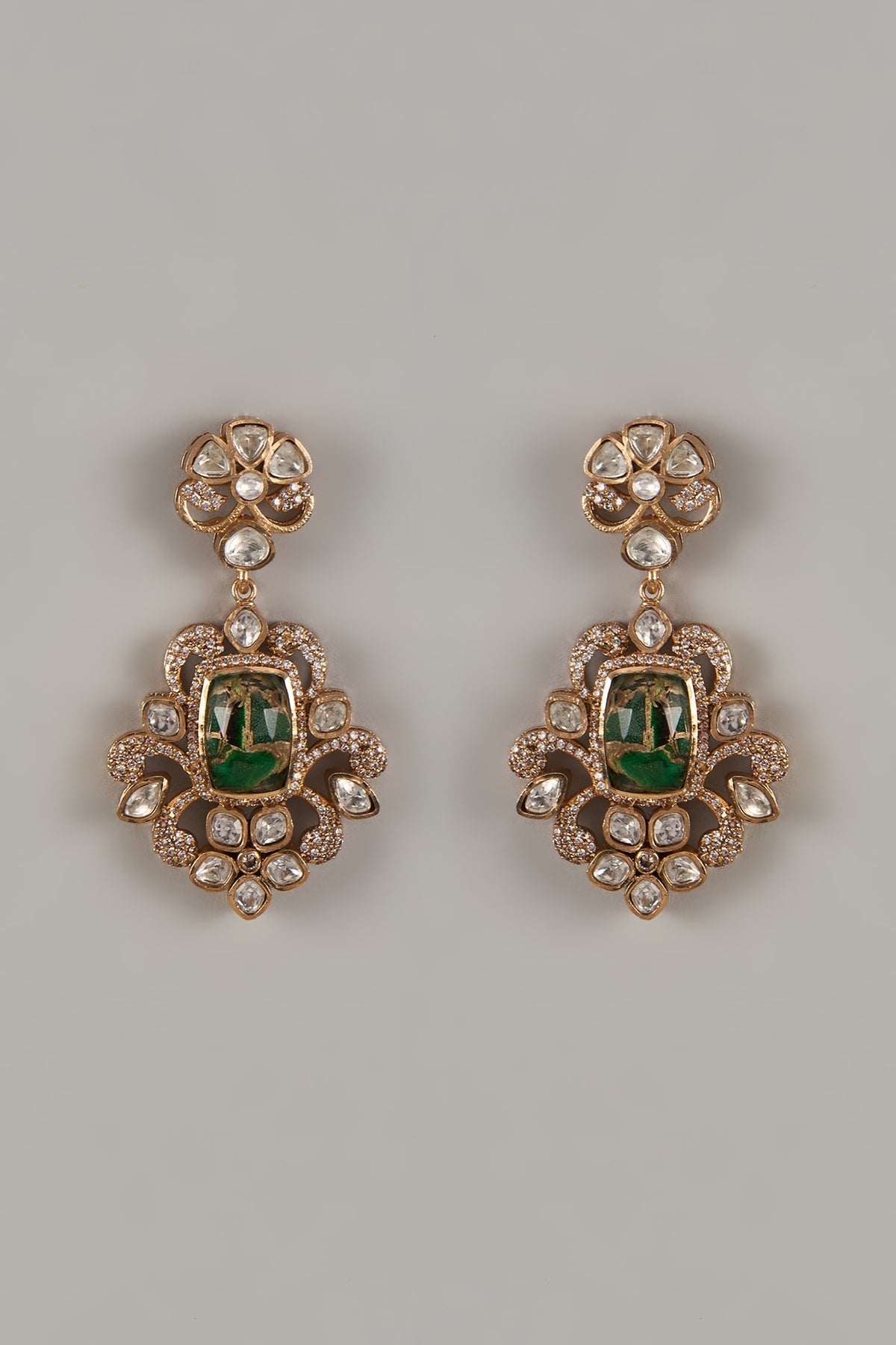 Gold Finish Uncut Zircon & Green Stone Dangler Earrings
