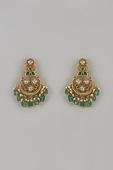 Gold Finish Uncut Zircon & Emerald Beaded Dangler Earrings