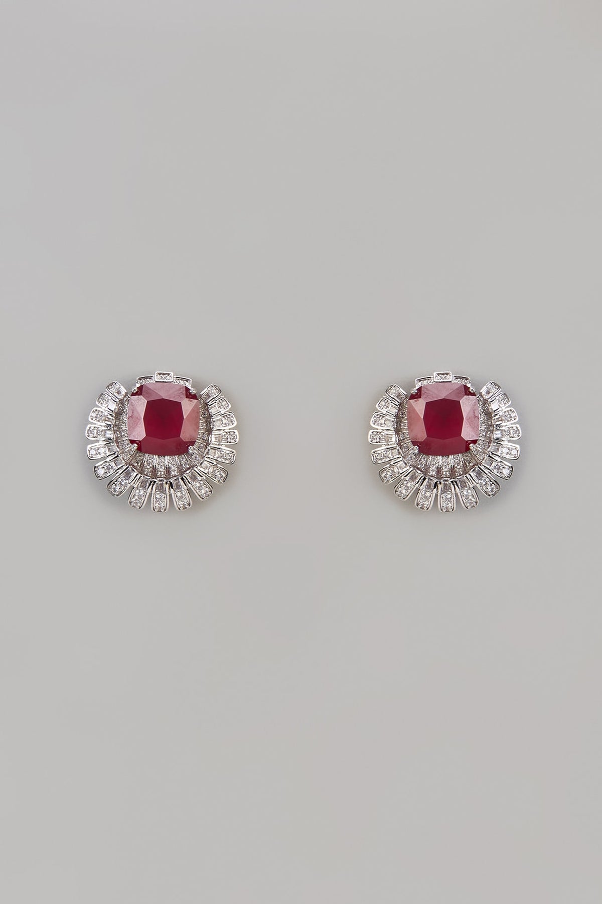 White Finish Uncut Zircon & Ruby Stone Stud Earrings