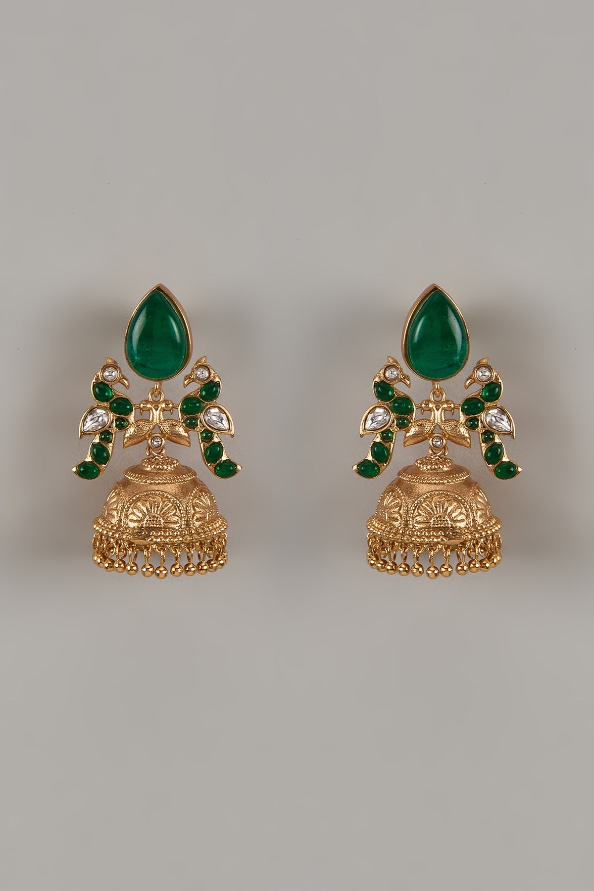 Gold Finish Uncut Zircon & Synthetic Emerald Dangler Earrings