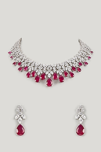 White Finish Ruby Stone & Uncut Zircon Choker Necklace Set