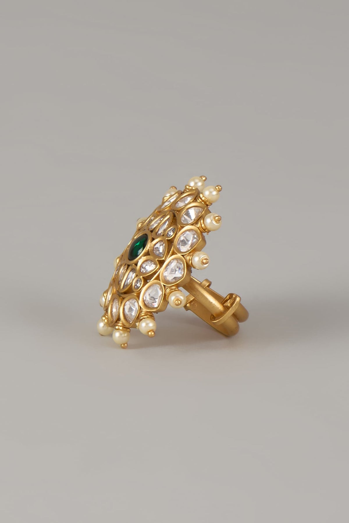 Gold Finish Uncut Zircon & Emerald Stone Adjustable Ring