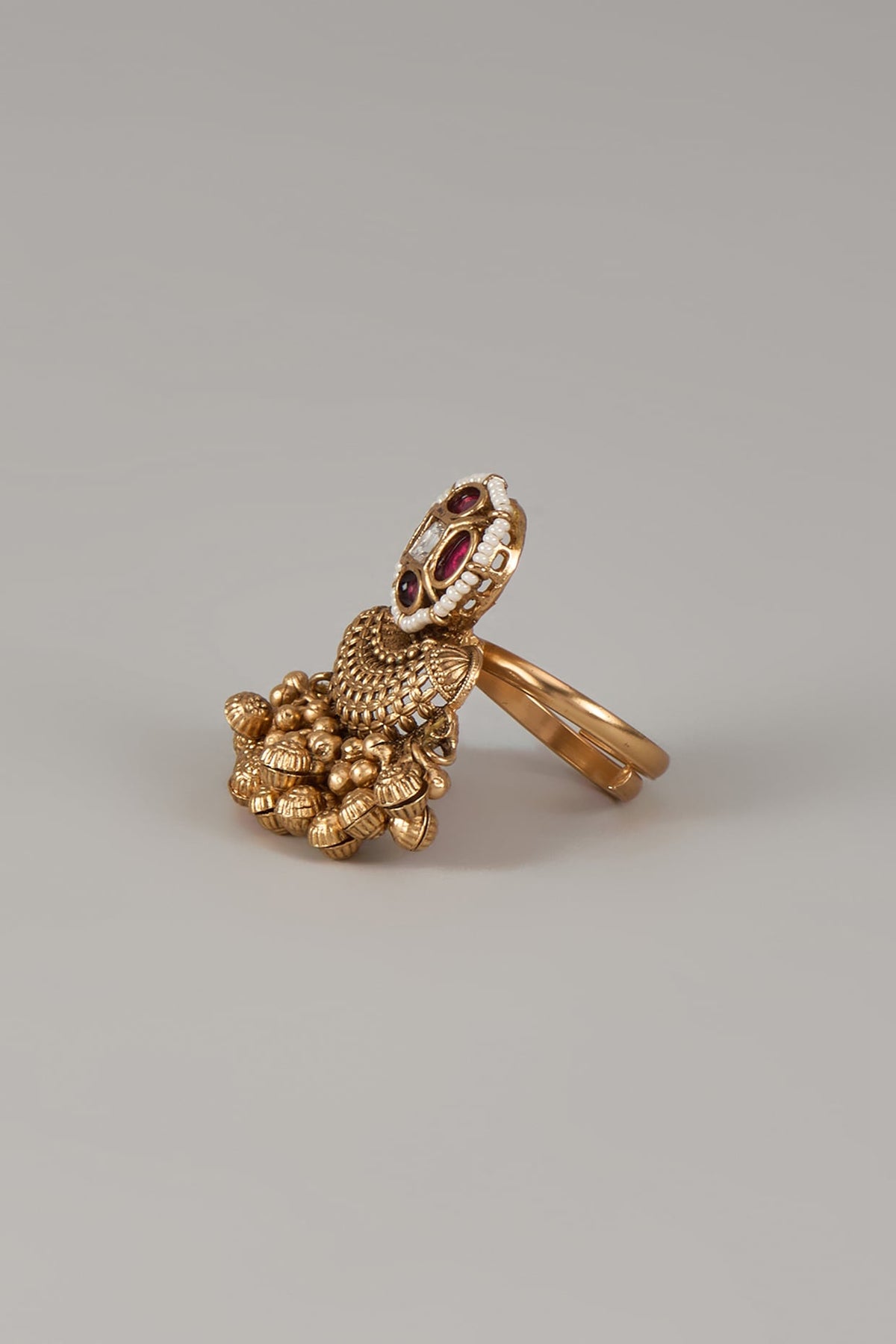 Gold Finish Uncut Zircon & Synthetic Ruby Stone Adjustable Ring