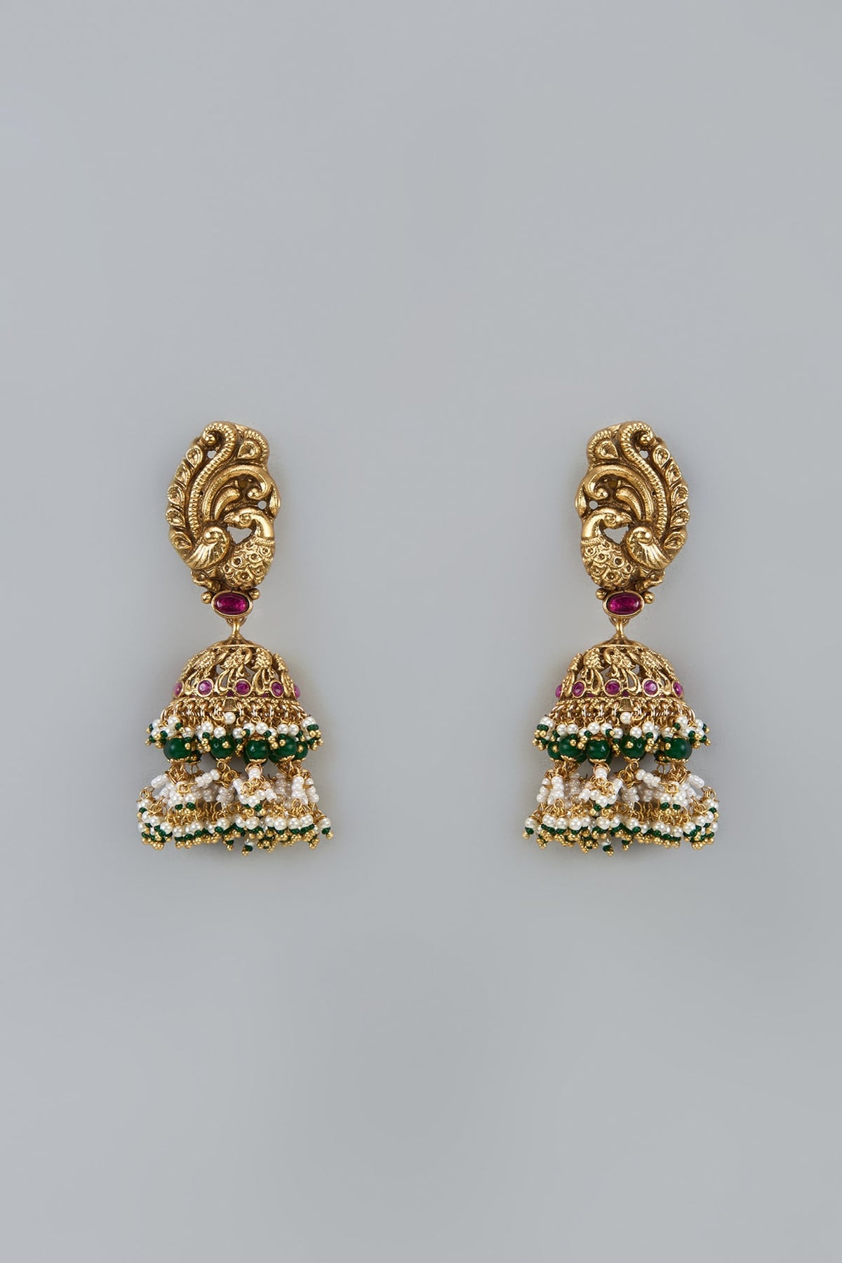 Gold Finish Uncut Zircon & Emerald Stone Temple Jhumka Earrings