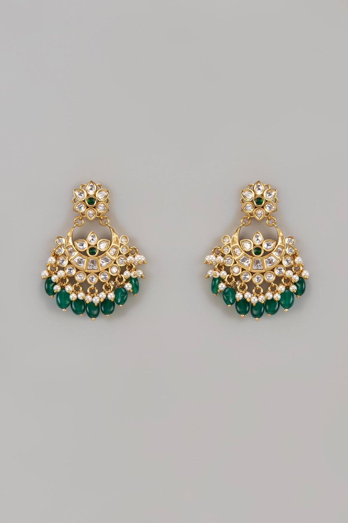 Gold Finish Uncut Zircon & Emerald Beaded Dangler Earrings