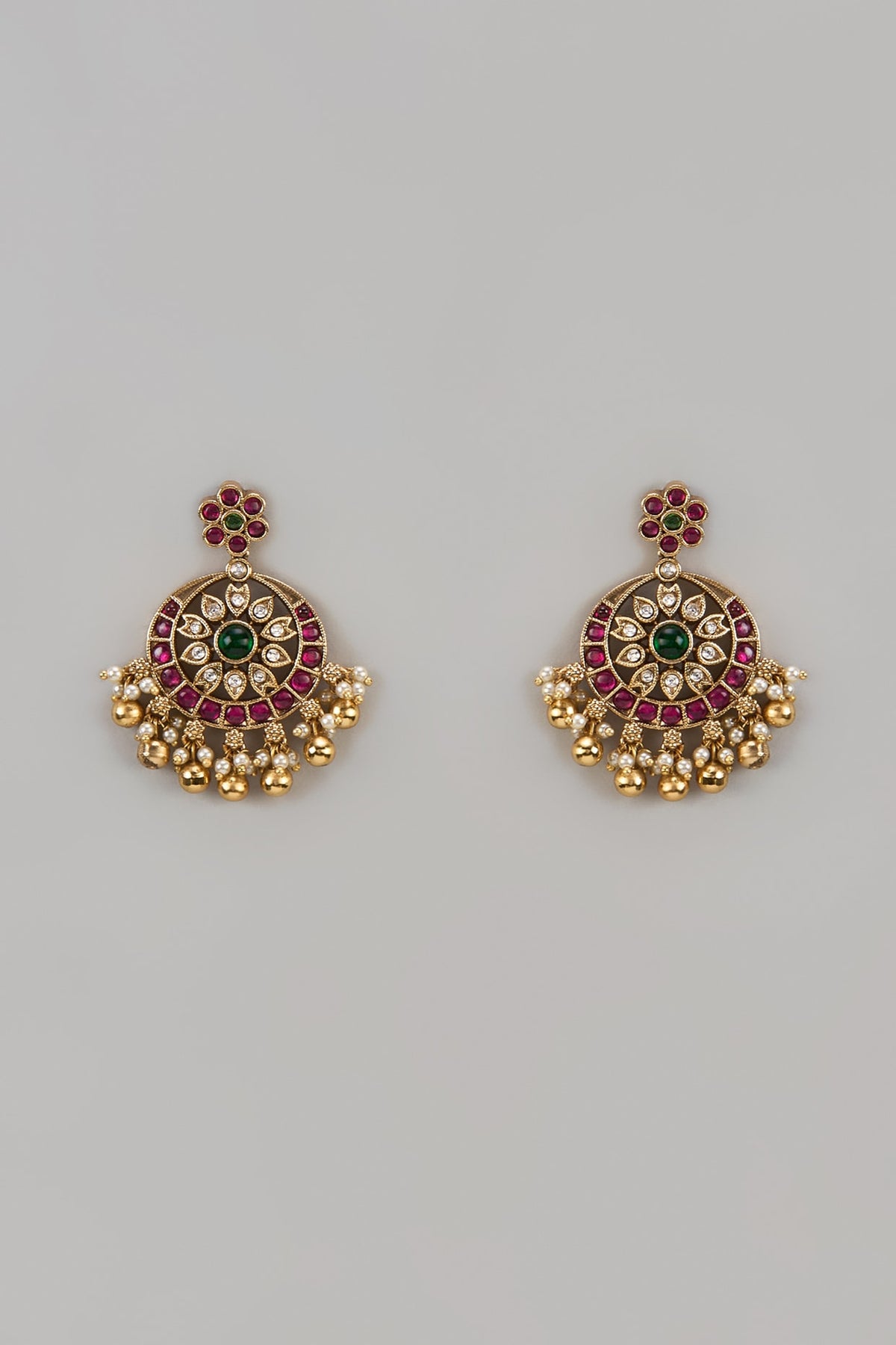 Gold Finish Pink & Green Stone Chandbali Earrings