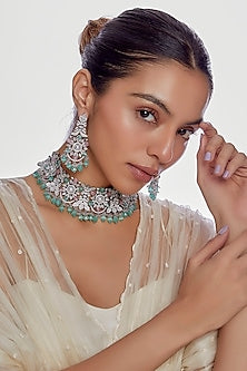 Black Rhodium Finish Kundan Polki & Multi-Colored Stone Necklace Set