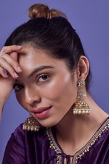 Gold Finish Kundan Polki & White Pearl Jhumka Earrings