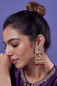 Gold Finish Kundan Polki & Red Droplet Jhumka Earrings