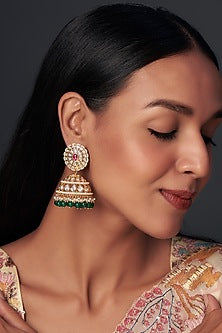 Gold Finish Kundan Polki & Multi-Colored Droplet Jhumka Earrings