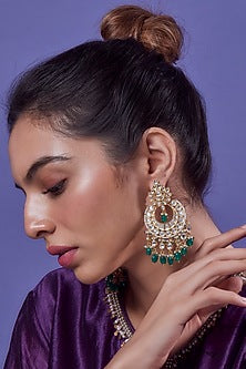 Gold Finish Kundan Polki & Green Droplet Chandbali Earrings