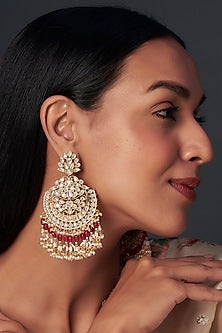 Gold Finish Kundan Polki & Red Droplet Chandbali Earrings