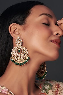 Gold Finish Green Kundan Polki Chandbali Earrings