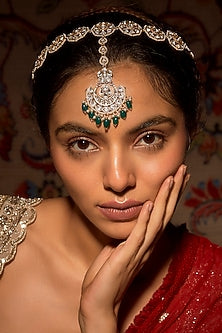 Gold Finish Kundan Polki & Emerald Droplet Mathapatti