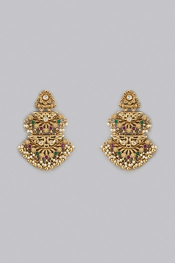 Gold Finish Red & Green Stone Temple Long Earrings