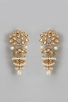 Gold Finish Aqua Stone & Kundan Polki Jhumka Earrings