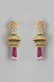 Gold Finish Ruby Stone Enamelled Jhumka Earrings