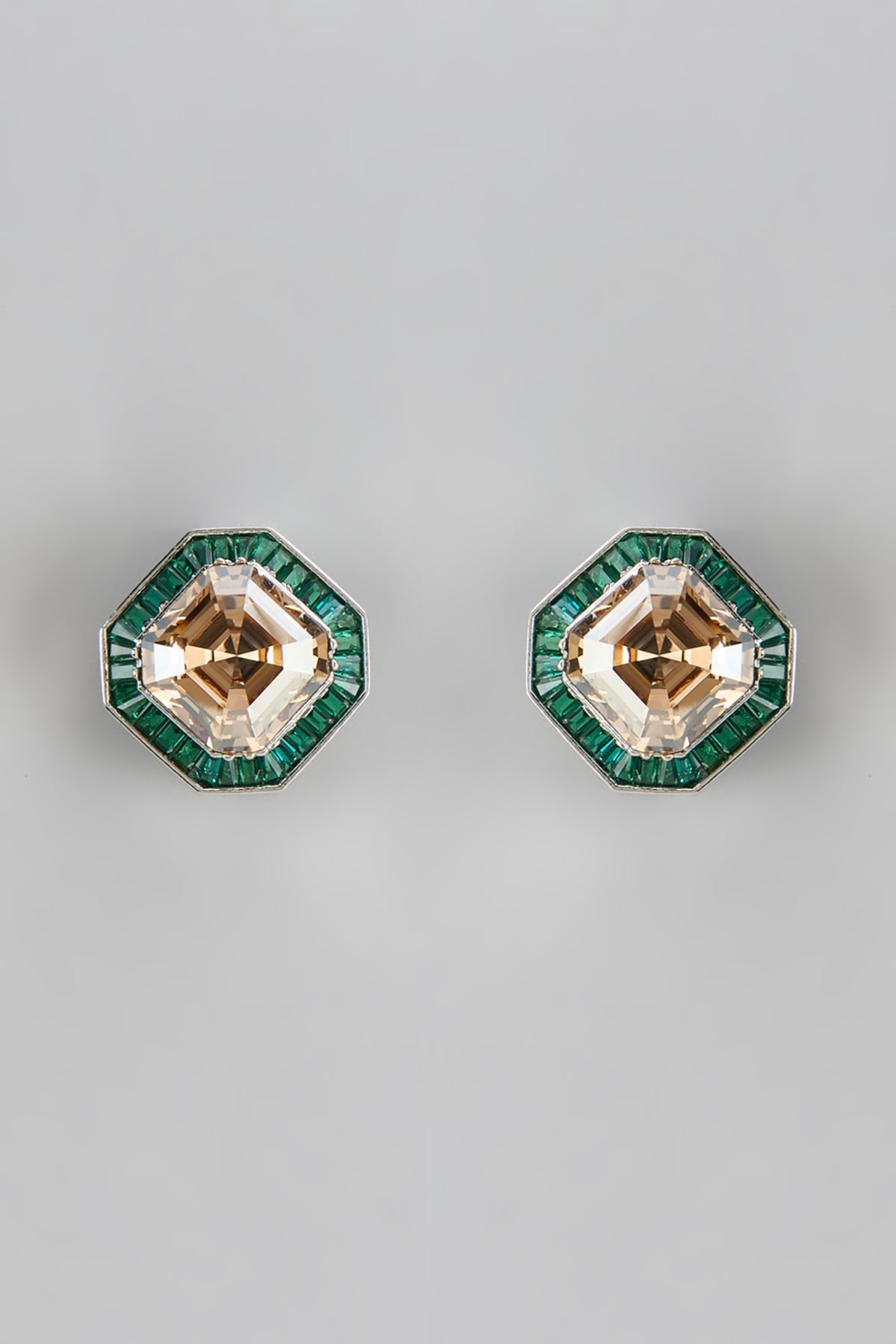 White Finish Emerald & Swarovski Stud Earrings