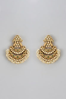 White Finish Green Stone & Moti Dangler Earrings
