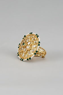 Gold Finish Emerald Stone & Kundan Polki Ring