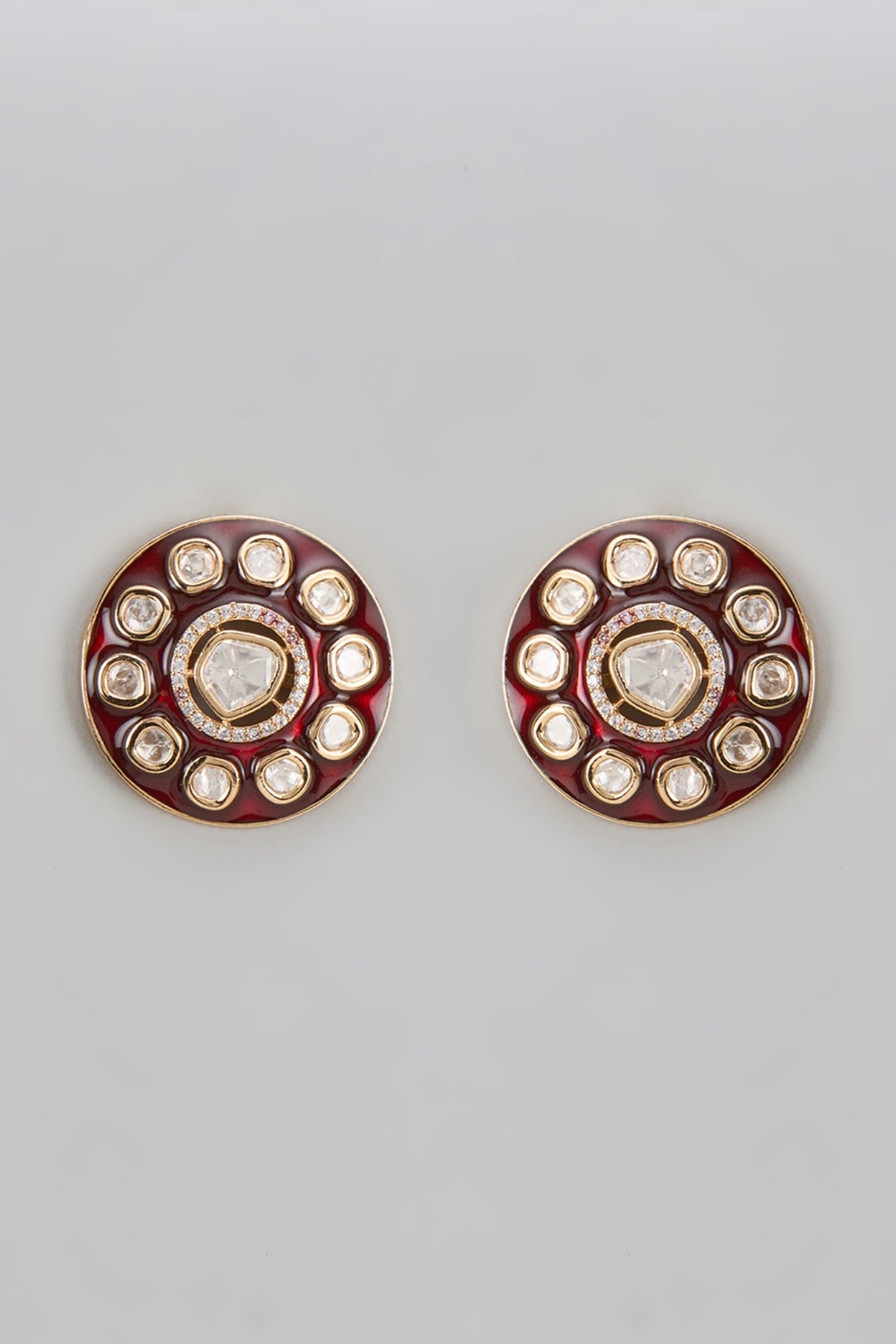 Gold Finish Kundan Polki & Uncut Stone Meenakari Stud Earrings
