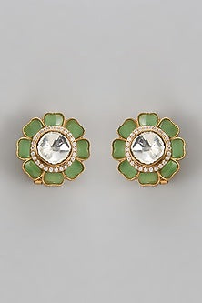 Gold Finish Green Stone & Kundan Polki Stud Earrings