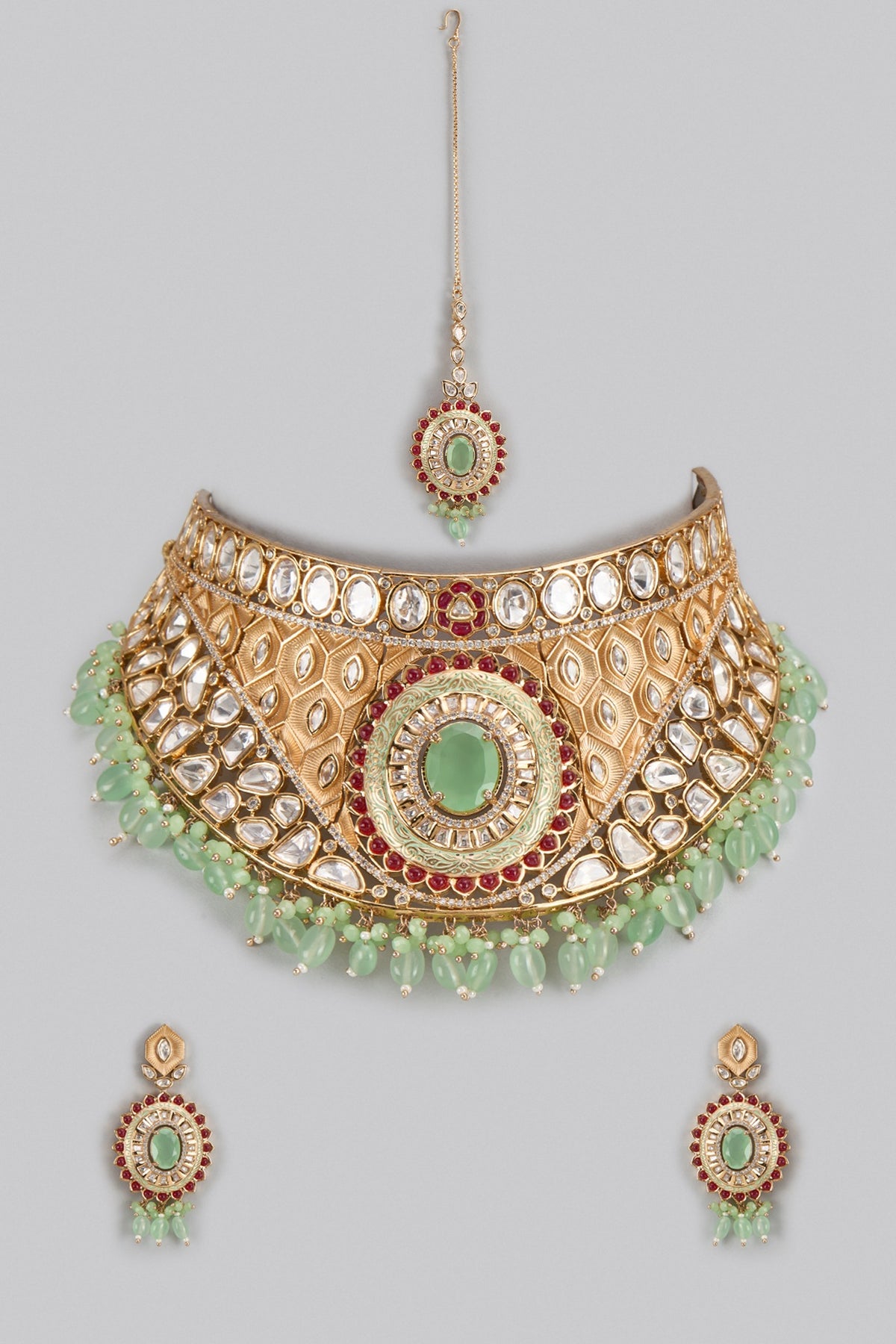 Gold Finish Uncut & Ruby Stone Choker Necklace Set