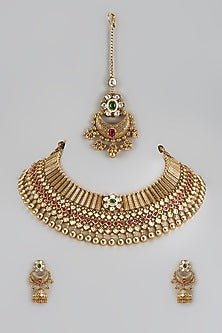 Gold Finish Kundan Polki & Ruby Stone Choker Necklace Set