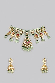 Gold Finish Kundan Polki & Pearl Choker Necklace Set