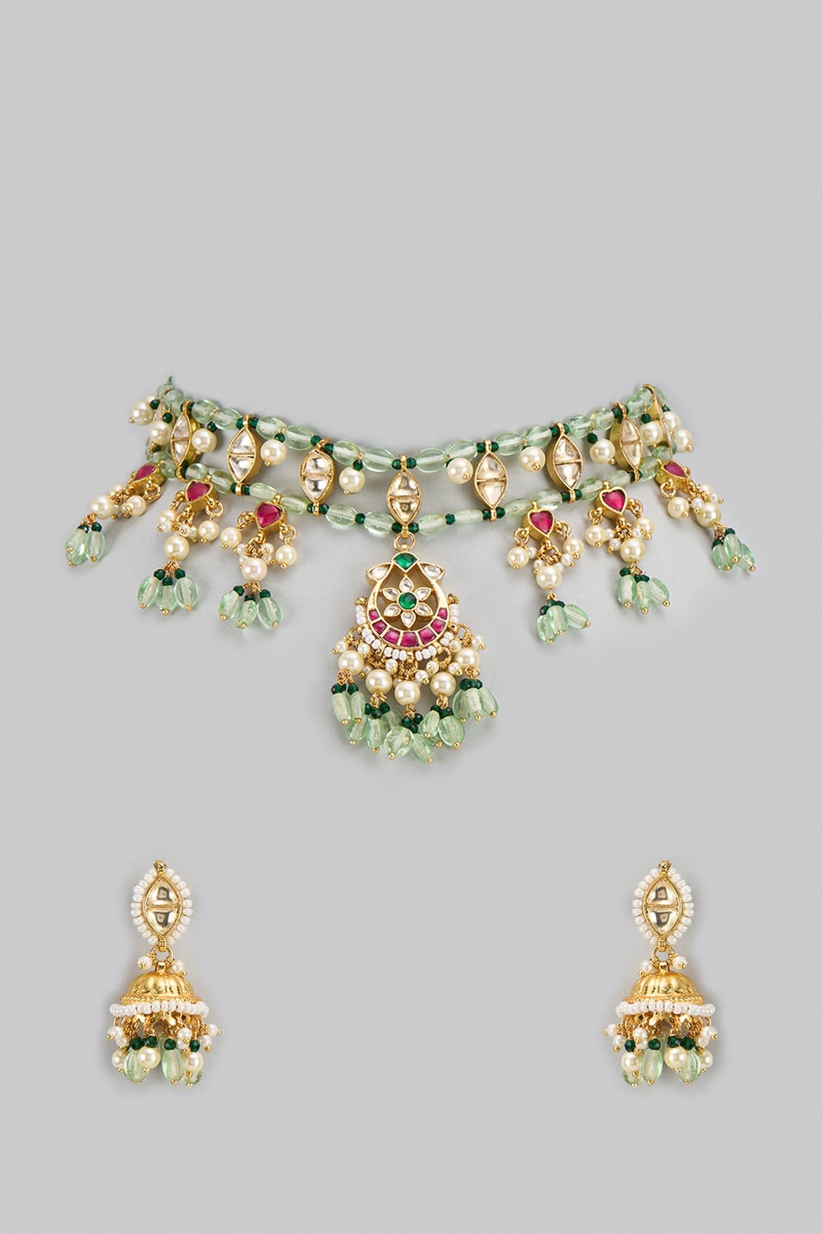 Gold Finish Kundan Polki & Pearl Choker Necklace Set