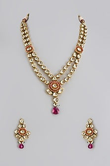 Gold Finish Kundan Polki & Ruby Stone Long Necklace Set