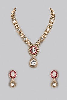 Gold Finish Uncut Stone Long Necklace Set