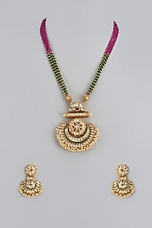 Gold Finish Red Synthetic Stone Beaded Mala Set