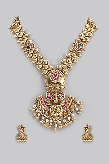 Gold Finish Red & Emerald Moti Long Necklace Set