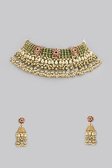 Gold Finish Kundan Polki & Moti Choker Necklace Set