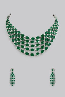 White Rhodium Finish Emerald & Diamond Layered Necklace Set