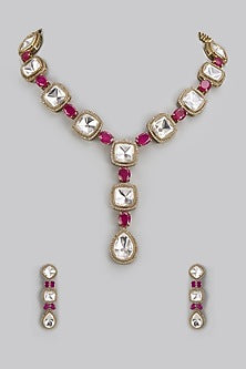 Black Rhodium Finish Uncut & Ruby Stone Long Necklace Set