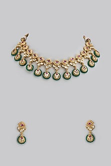 Gold Finish Emerald Moti Choker Necklace Set