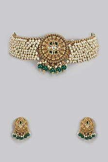 Gold Finish Beaded & Pearl Choker Necklace Set