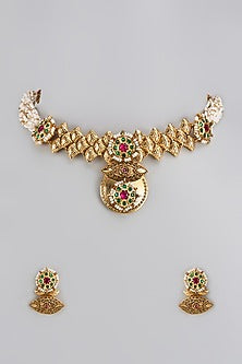 Gold Finish Pearls & Red Stone Beaded Choker Necklace Set