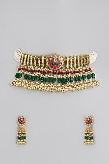 Gold Finish Red & Green Beaded Choker Necklace Set